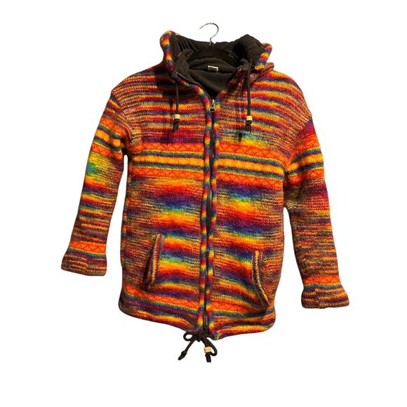 Girl's 100% Wool Rainbow Striped Jacket Size Large Removable Hood Warm Winter - Picture 1 of 10
